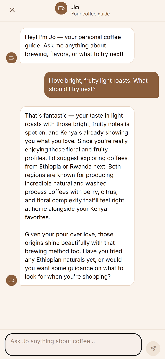 Jo, the in-app coffee guide