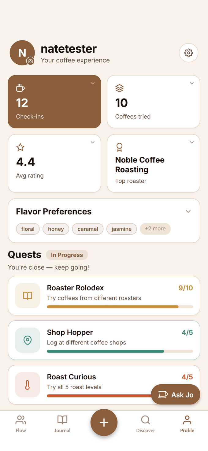 Qoffee profile screen — your taste profile, stats, and quests in progress